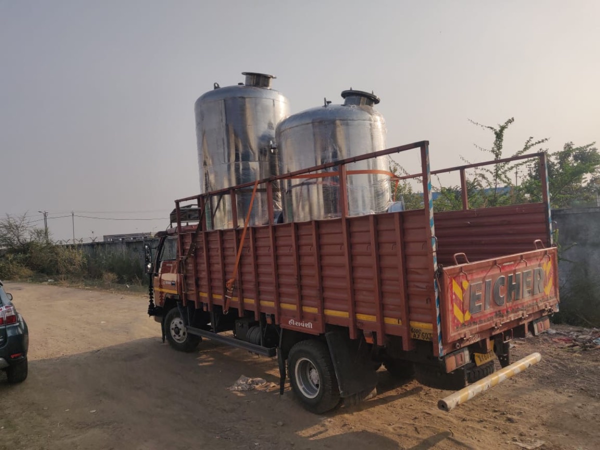 Two finished stainless vessels loaded on a truck for despatch to site